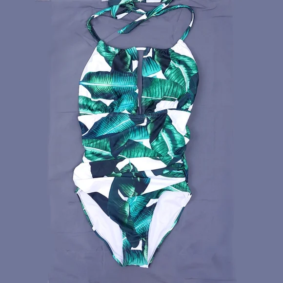 NWT Women's M Palm Leaves Plunge Halter Top One Piece Swim Suit - Picture 5 of 5